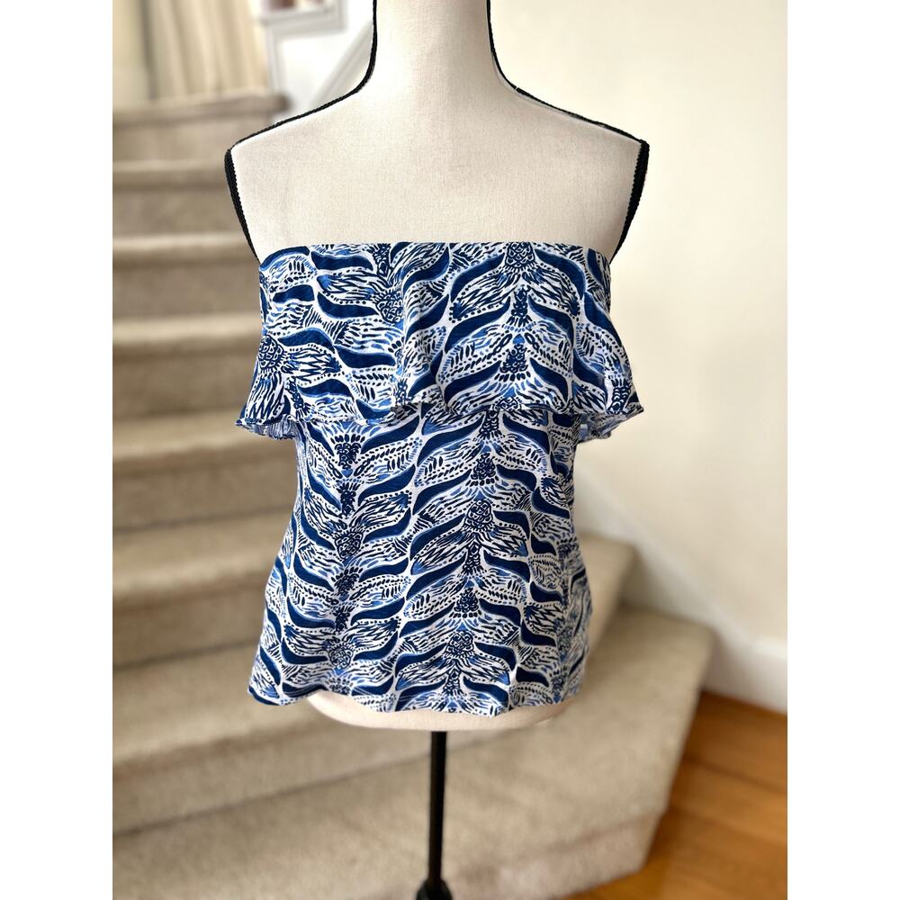 Lilly Pulitzer Blue & White Abstract Whale Tail Ruffle Tube Top